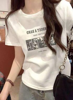 新款卡通夏装季休闲宽松大码女装白色短袖T恤圆领印花显瘦百搭T恤