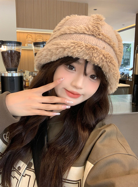 毛绒可爱渔夫帽子女冬季新款保暖针织帽韩版ns时尚百搭护耳毛线帽