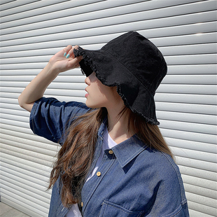 春秋季乞丐帽磨边大帽檐牛仔渔夫帽子女可折叠时尚纯色盆帽牛仔帽