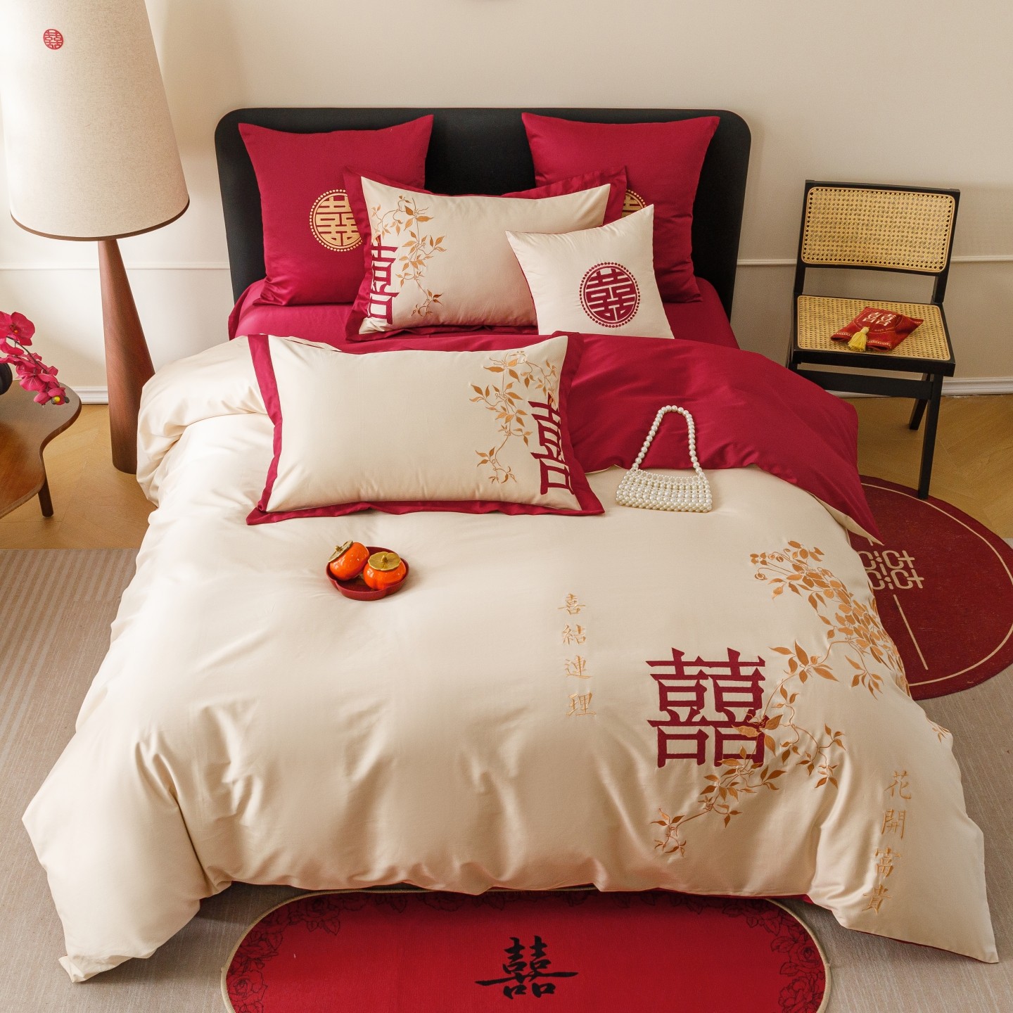 高端100支长绒棉婚庆四件套全棉纯棉结婚礼酒红色公主风床上用品4