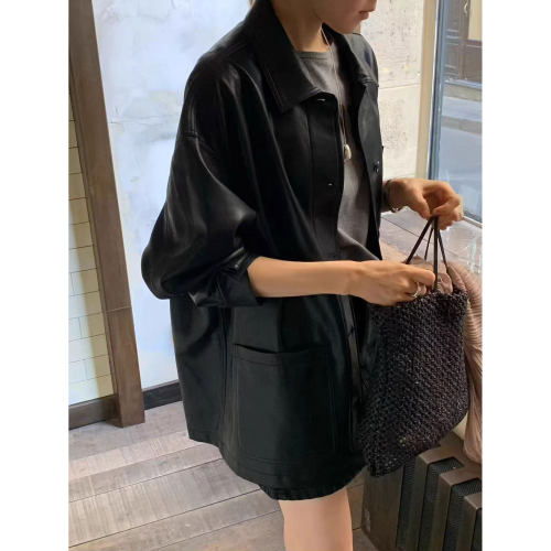 现！OUNCE黑色皮夹克韩国东大门26秋季新款百搭翻领单排扣外套女
