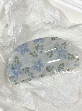 淡雅蓝色细闪小碎花抓夹唯美花朵半圆盘发鲨鱼夹半扎发气质头饰女
