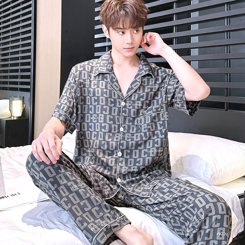 棉綢男士兩件套家居服綿綢男士睡衣夏季薄款短袖長褲套裝寬松大碼