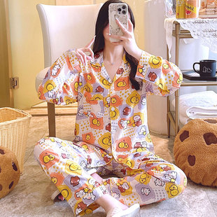 两件套开衫 宽松夏季 棉绸睡衣女长袖 大码 薄款 人造棉可爱家居服套装