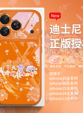 迪士尼适用秒变苹果17手机壳iPhone16promax小熊维尼15plus新款星宇橙色14pro高级感Air适合春天的13玻璃全包