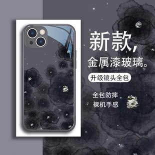 水墨色适用苹果14Pro手机壳新款 xsmax玻璃xr防摔se全包7套8plus iPhone13Promax花朵12小众mini高级感11男女款