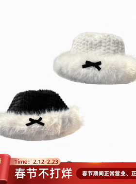 IVONA 【千金小姐】冬日氛围感！毛绒少女蝴蝶结保暖显脸小帽子