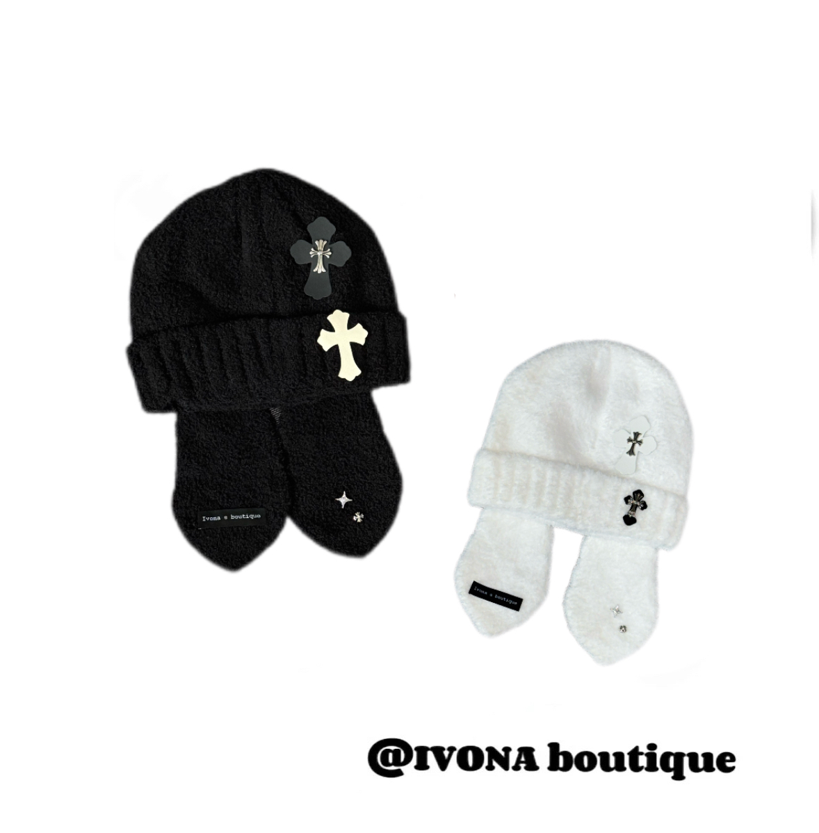 IVONA【呆耳兔^】甜酷辣妹！原创十字架黑白兔耳朵凹造型毛线帽子