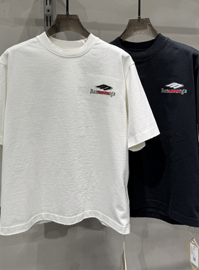 M先生男女款短袖T恤宽松版型休闲圆领落肩袖潮牌字母万针刺绣上衣