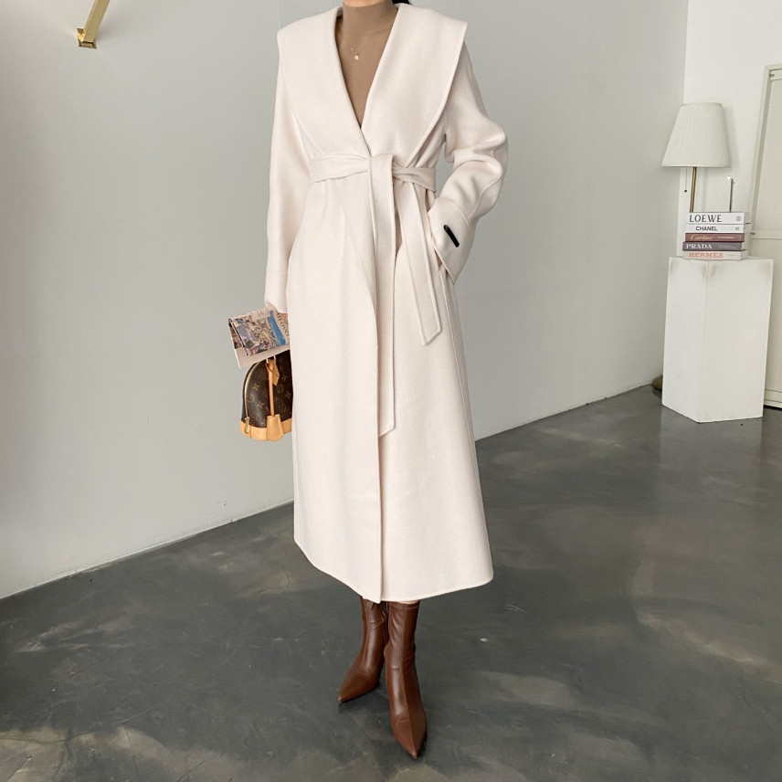 有货 韩国chic复古优雅气质宽松披肩领系带长款毛呢外套呢子大衣