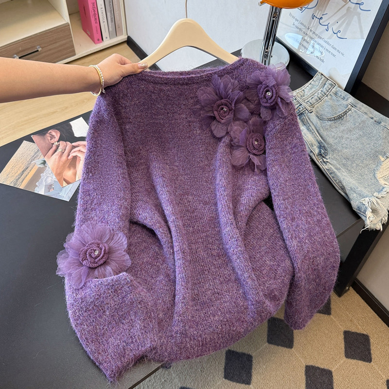 实拍大码高级感慵懒风法式立体花朵针织女百搭减龄软糯套头毛衣,女装/女士精品,大码内搭,淘宝优惠券,粉丝福利购,淘宝优惠卷