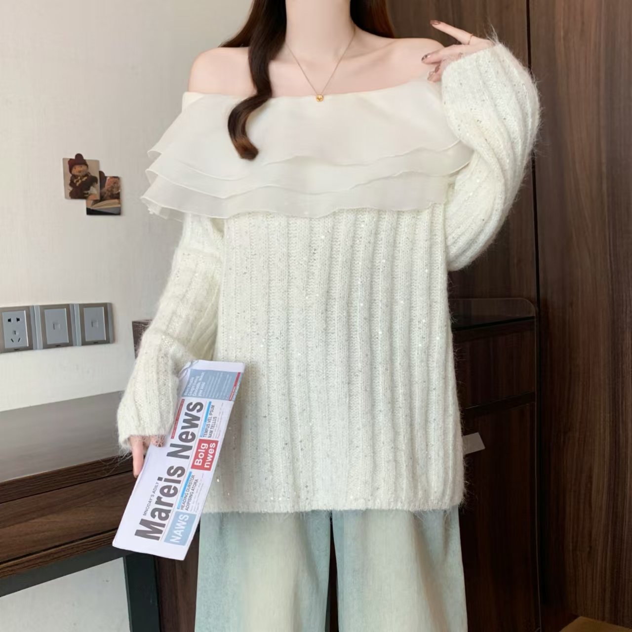 实拍秋冬新款含头绳一字肩荷叶边针织衫上衣亮片温柔风毛衣套头女,女装/女士精品,大码内搭,淘宝优惠券,粉丝福利购,淘宝优惠卷