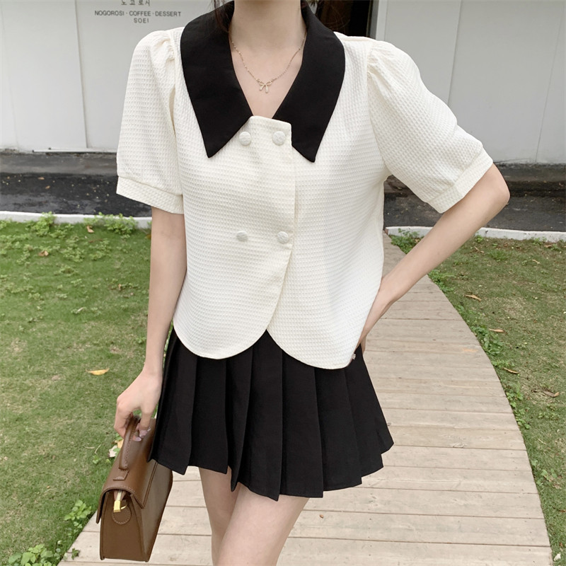 实拍大码女装夏季新款双排包扣衬衫减龄宽松显瘦撞色翻领短袖上衣,女装/女士精品,大码内搭,淘宝优惠券,粉丝福利购,淘宝优惠卷