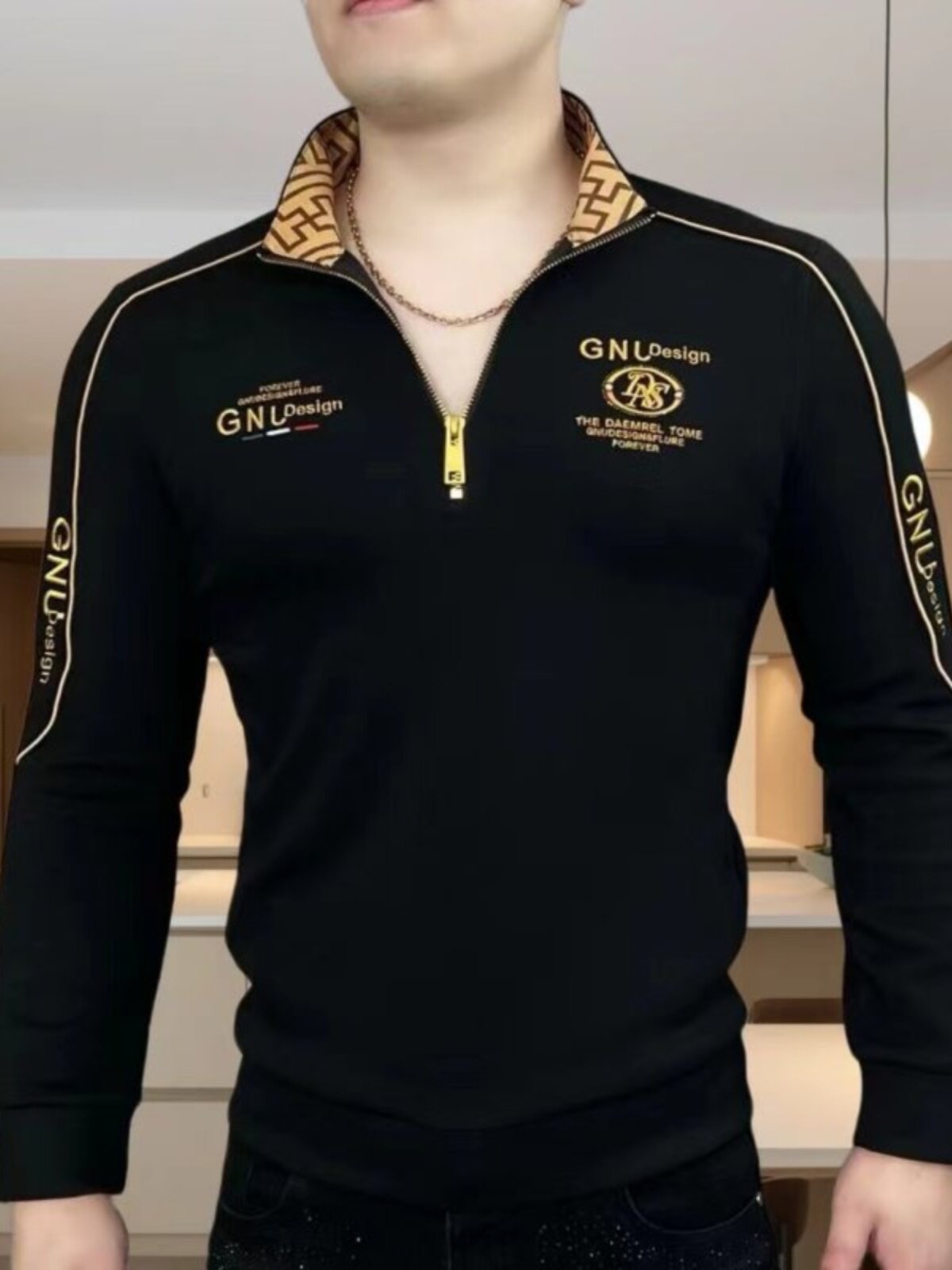 半拉炼POLO衫男春秋季薄款欧洲站休闲立领卫衣青年大码刺绣上衣潮