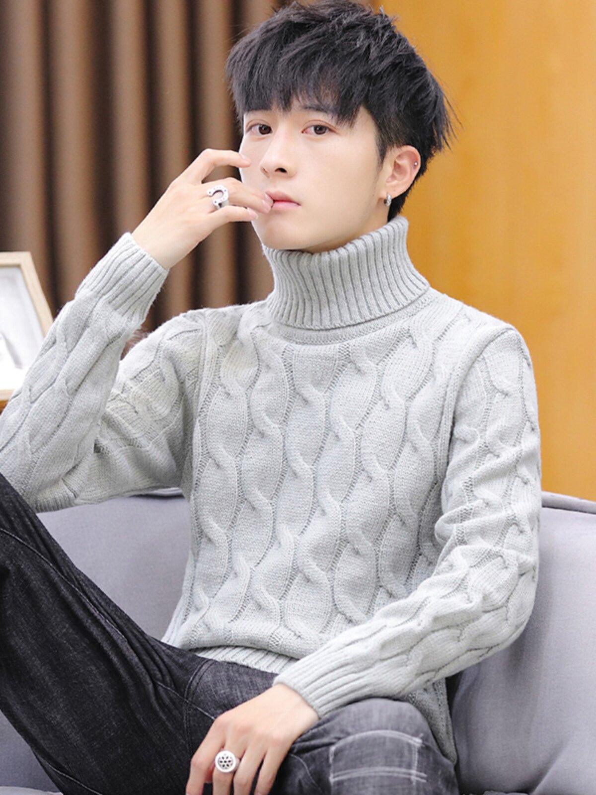 纯色高领毛衣休闲加绒加厚打底衫商务时尚水洗麻花修身青年针织衫