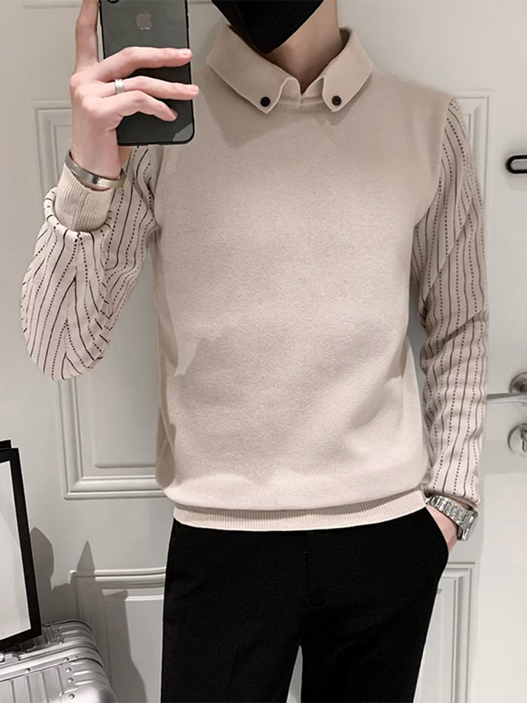 潮牌毛衣男假两件衬衫领2025秋冬季新款打底韩版潮流修身针织衫男