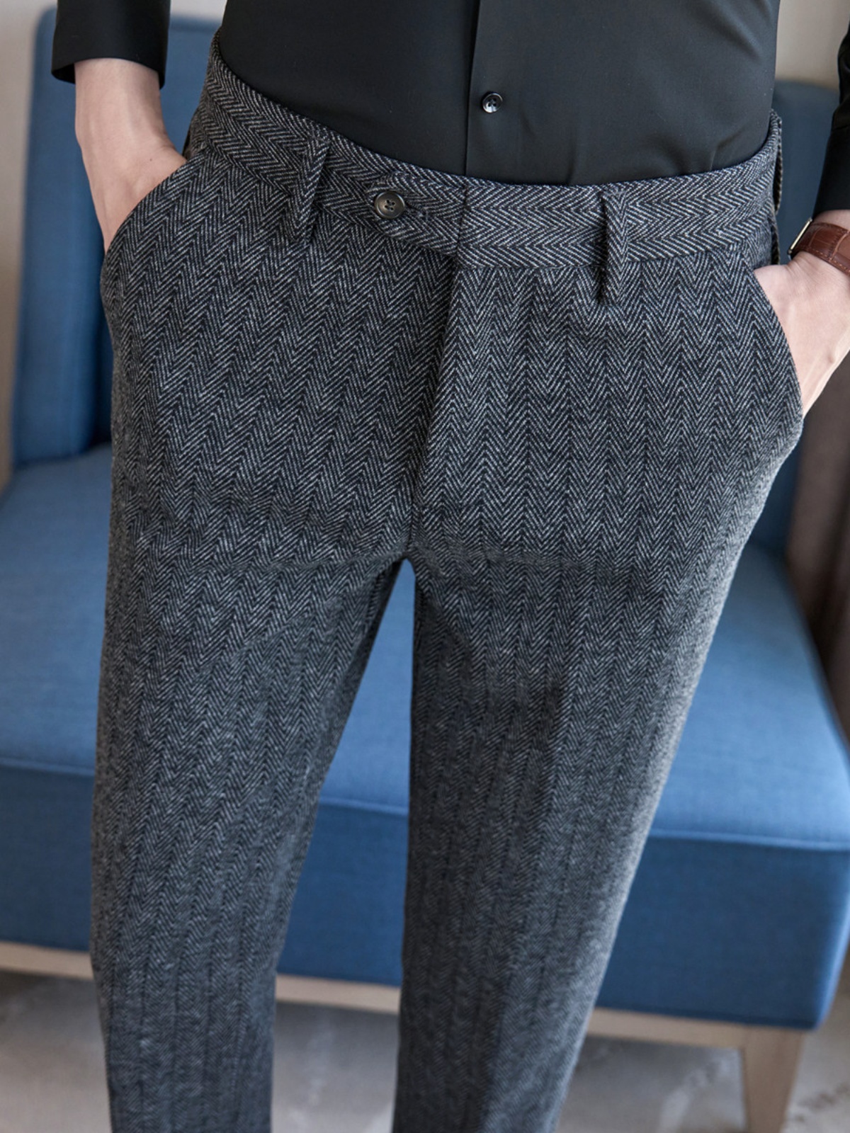 秋冬羊毛呢休闲裤男修身直筒人字纹毛呢料厚款冬天商务时尚西裤男