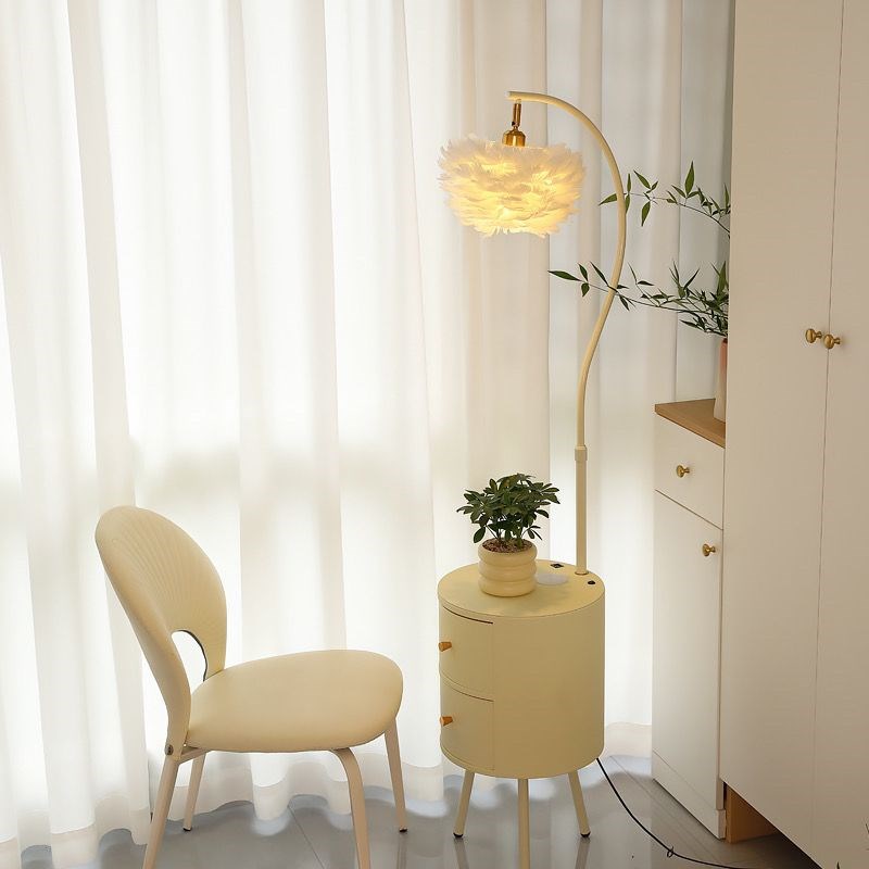奶油风羽毛e落地灯卧室床头柜台灯一体置物架客厅沙发旁智能氛围