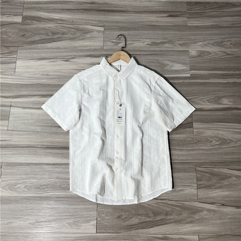 外贸日单尾货 复古提花 夏季简约C百搭文艺棉麻衬衫翻领短袖衬衣