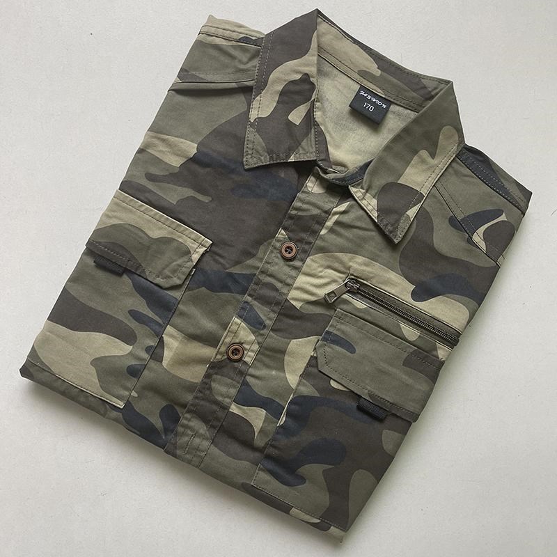 夏季薄款纯c棉弹力工作服单上衣迷彩工装外套宽松多口袋长袖衬衣