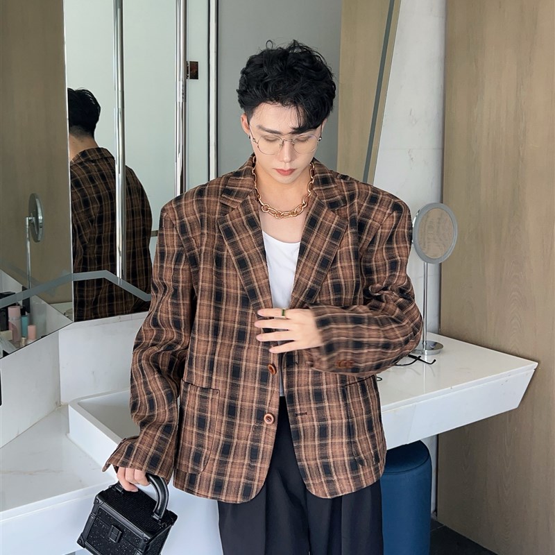 陈大富韩a系褶皱格子西装外套男2024复古宽松帅气单排扣休闲西服