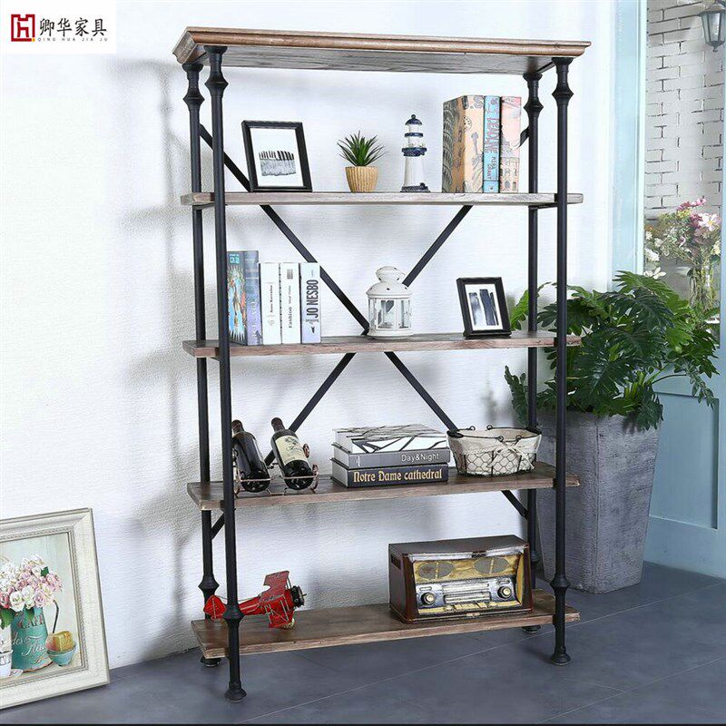 北欧置物架落地实木板书架复古多层客厅K展示架简约轻奢铁艺花架