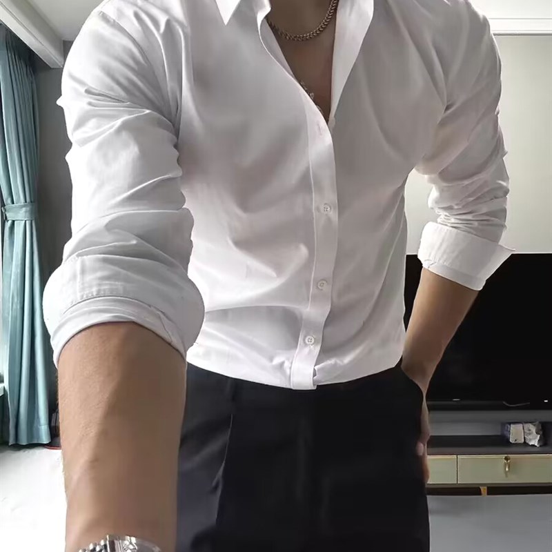 美式硬汉风白衬衫男m高级感修身长袖禁欲系免烫商务正装休闲衬衣