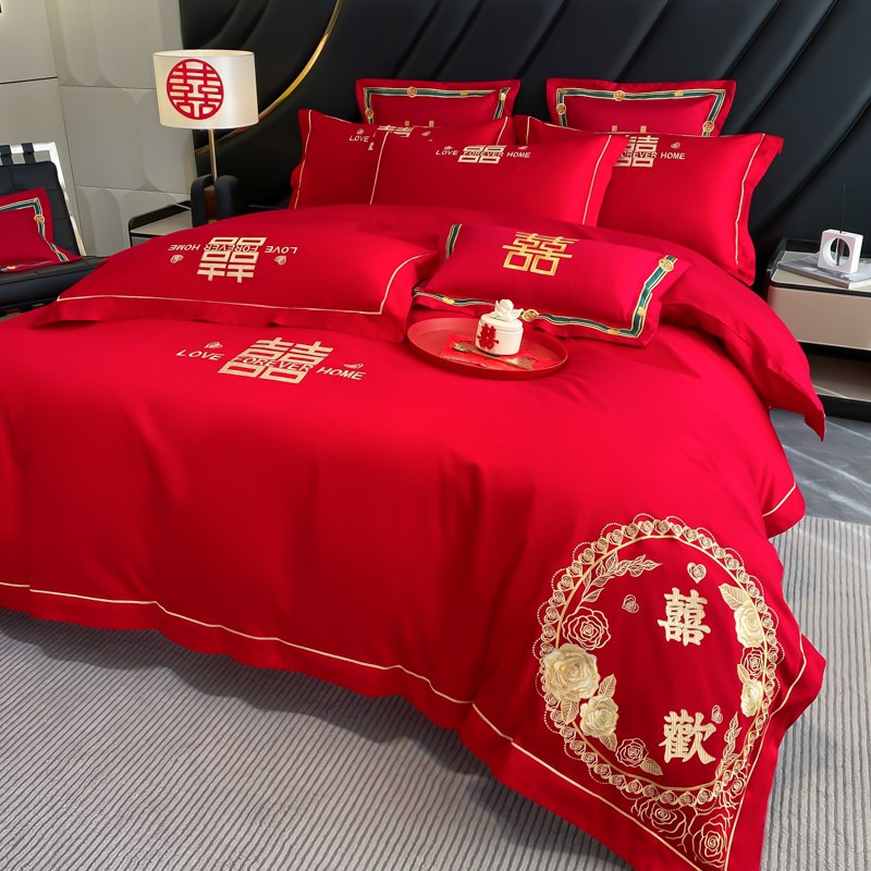 高档全棉婚庆四件套纯棉s刺绣被套大红色床单床笠新婚陪嫁床上用