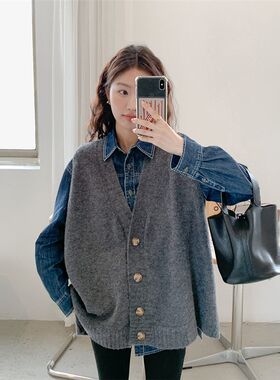 孕妇套装小个子2024春款两件套宽松G慵懒风针织马甲牛仔衬衫外穿