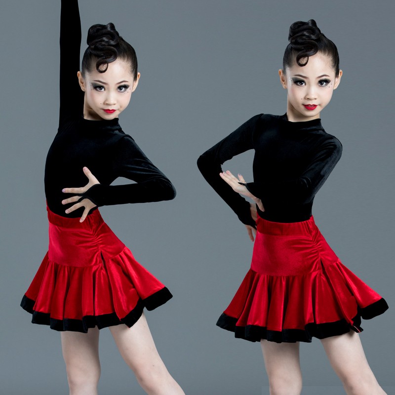 儿童拉丁舞服装新款长袖女童秋C冬丝绒练功服少儿拉丁舞裙加厚