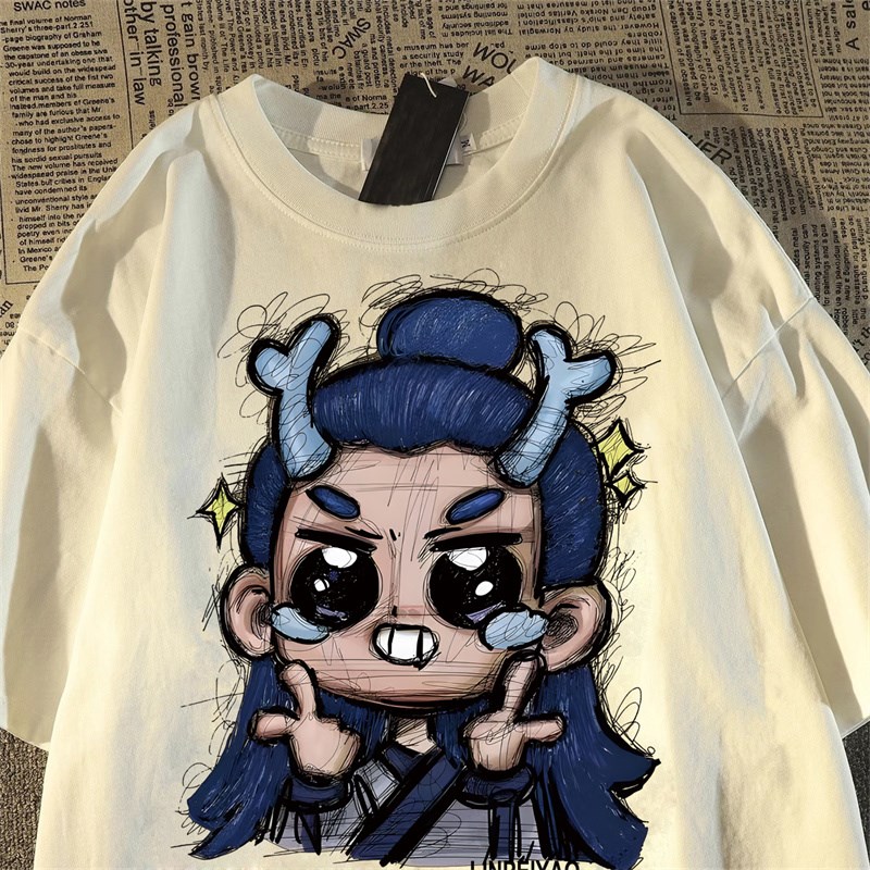 美式复古哪吒敖h丙纯棉短袖t恤男女2025夏高街hiphop潮牌半袖上衣