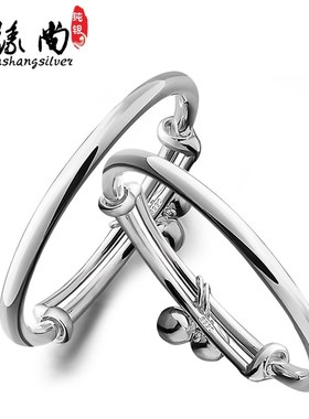 宝宝银手镯999纯银手镯宝宝光面铃铛婴儿小孩手镯满月对镯银饰品