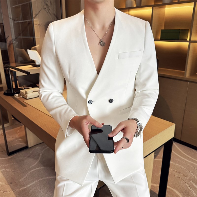 V领无痕西装外套男夏季薄款w潮流时尚修身高级感商务休闲西服套装