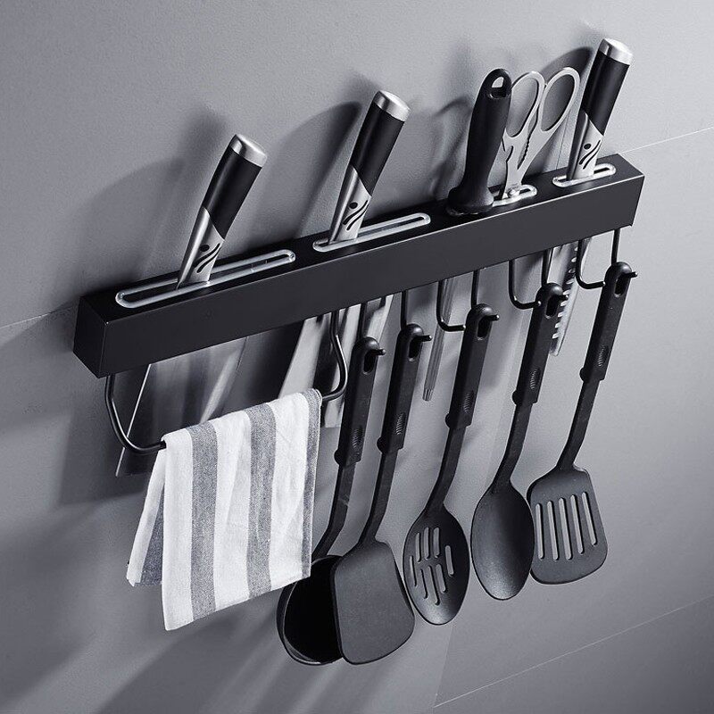 免打孔 黑色304不锈钢厨房壁挂架置物架壁挂式刀架挂钩插刀抹布架