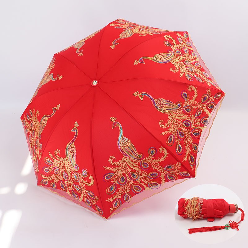 三折新娘伞双层刺绣蕾丝婚庆结婚新娘伞喜庆用品红伞出嫁婚礼刺绣