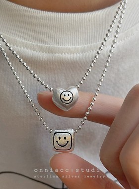 拉丝爱心方块笑脸吊坠纯银项链女锁骨链高级设计感小众简约可爱