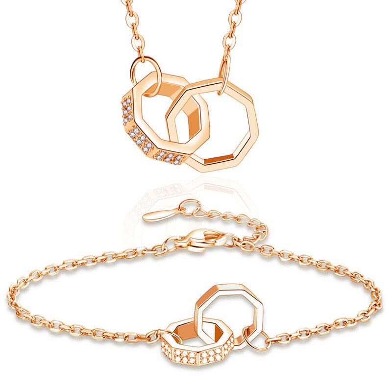 浪漫时尚几何双圆环环扣套装女时尚排钻圆环手链八角锆石吊坠项链