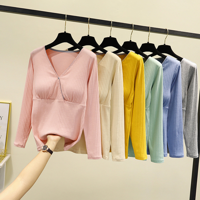 螺纹V领喂奶产后哺乳衣纯棉孕产妇家居I服长袖月子服春秋款带胸垫