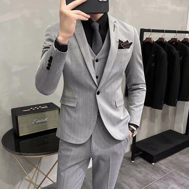 西服套装男士休闲商务正装条纹y外套修身伴郎新郎结婚礼服免熨烫