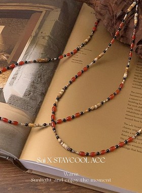 混彩天然石多巴胺配色串珠项链女士锁骨链轻奢简约毛衣链叠戴时髦