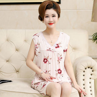 中老年睡衣女夏棉质背心七u分裤中年妈妈加肥加大码无袖家居服套