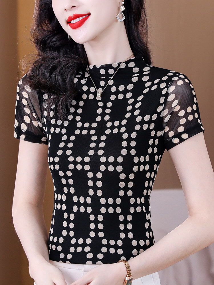 半高领短袖网纱t恤女士夏季新款妈妈薄款波点打底衫洋气小衫上衣