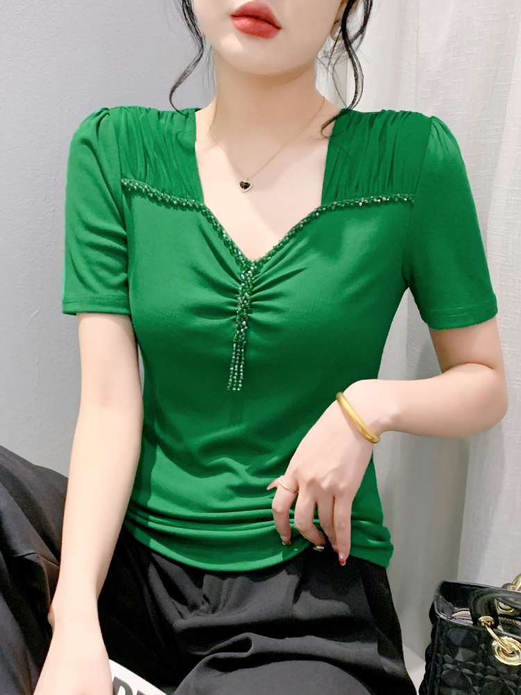 夏季短袖V领t恤女修身显瘦流苏钉珠烫钻体恤半袖网纱上衣洋气小衫
