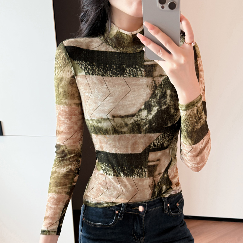 洋气扎染网纱长袖T恤女秋冬新款半高领打底上衣修身显瘦百搭小衫