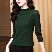 新款 女秋装 修身 网纱上衣时尚 T恤潮 韩版 洋气烫钻长袖 半高领打底衫