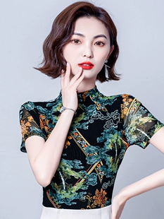 T恤女2021夏季 内搭花色上衣 气质印花薄款 半高领网纱短袖 新款 韩版