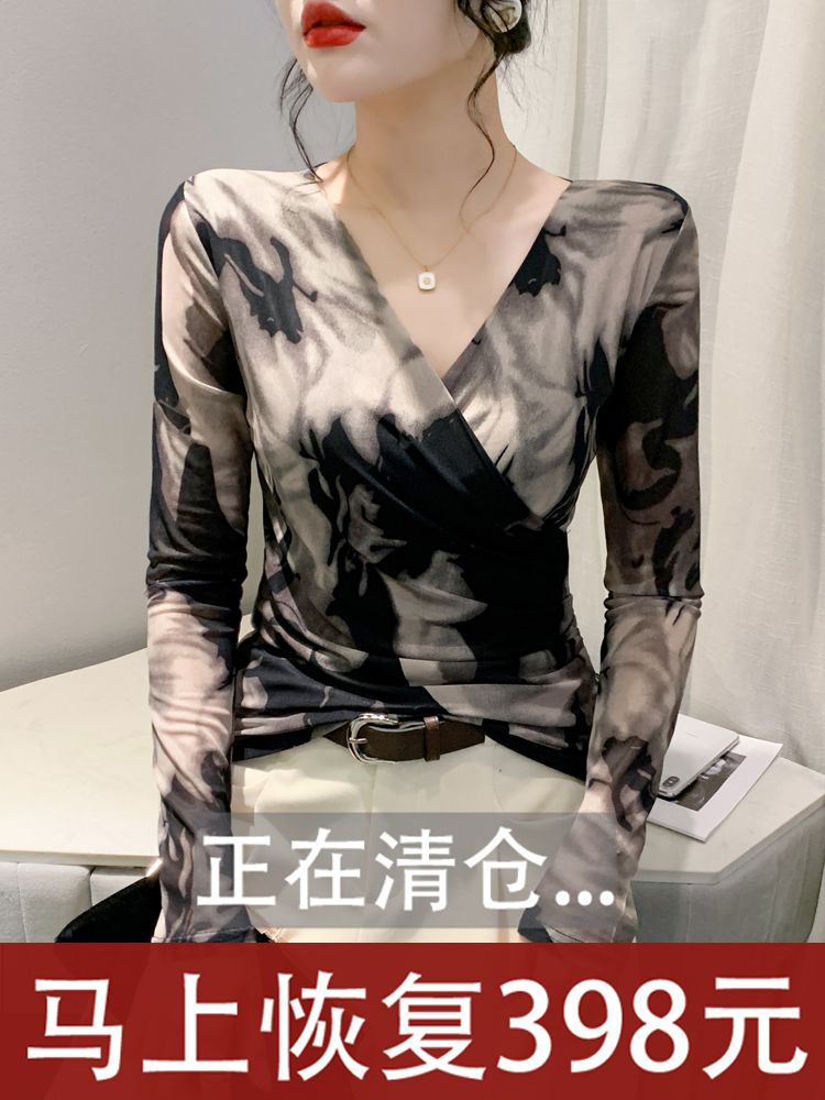 韩版网纱打底衫交叉V领长袖T恤