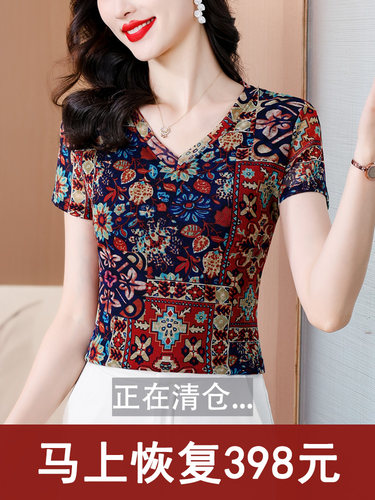V领花色网纱短袖t恤女高级感上衣