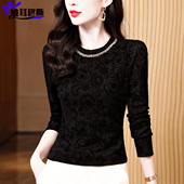 高级感钉珠烫钻金丝绒上衣洋气小衫 T恤女网纱打底衫 圆领长袖 秋装