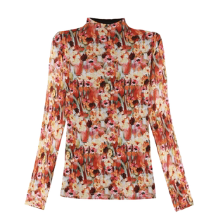 高端网纱短袖打底衫女半高领领印花长袖t恤春夏新款时髦修身上衣